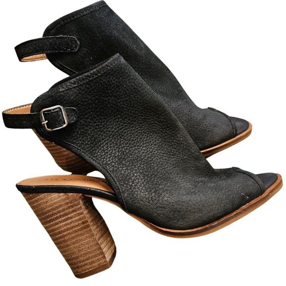 LUCKY BRAND Stacked Heel Sandal Black Leather Block High Heel Open Toe Boho 8M - Picture 1 of 10